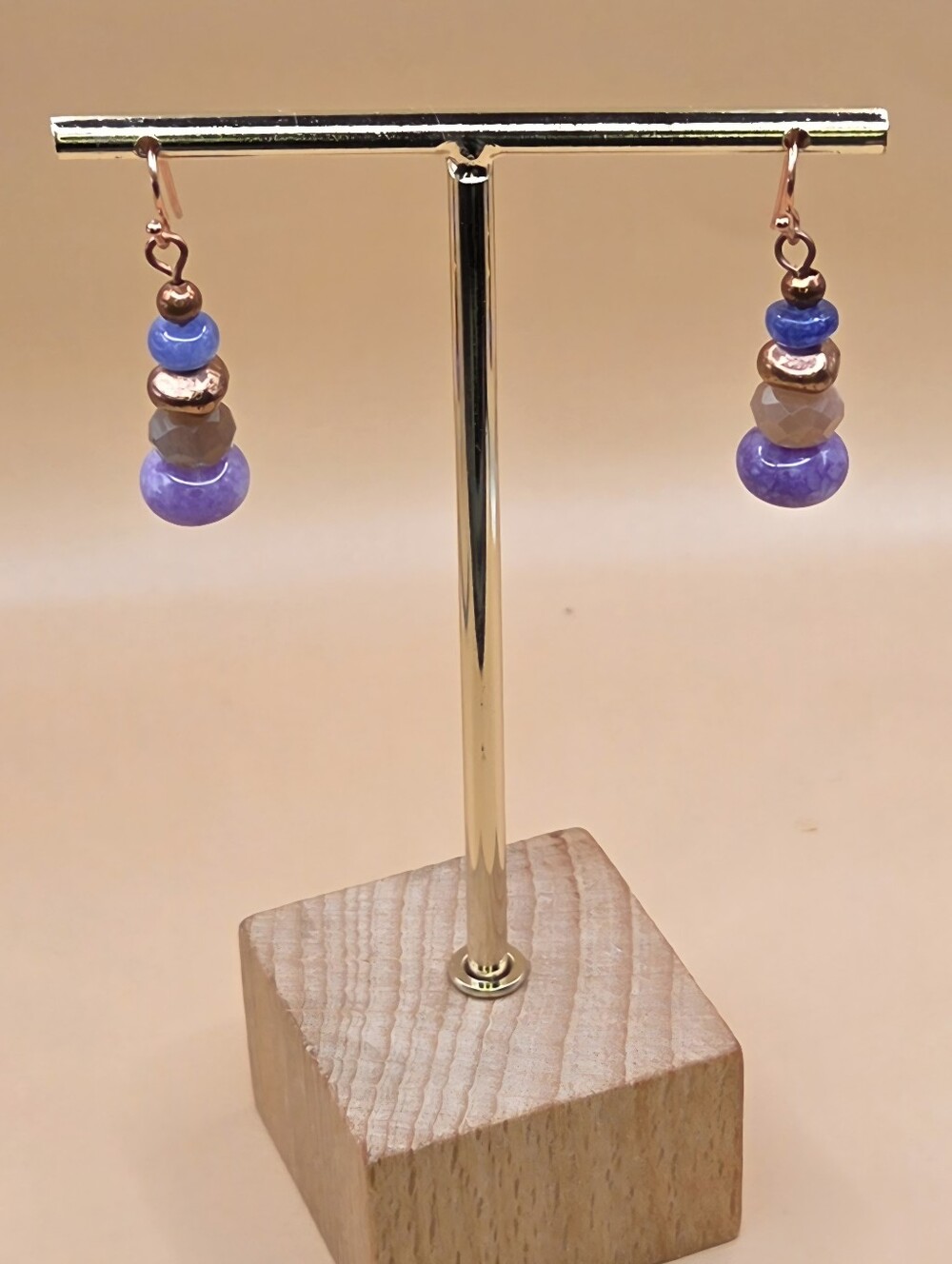 Charoite, Peach Moonstone, Purple Jade and Copper Stacked Earrings - Picture 2 of 4